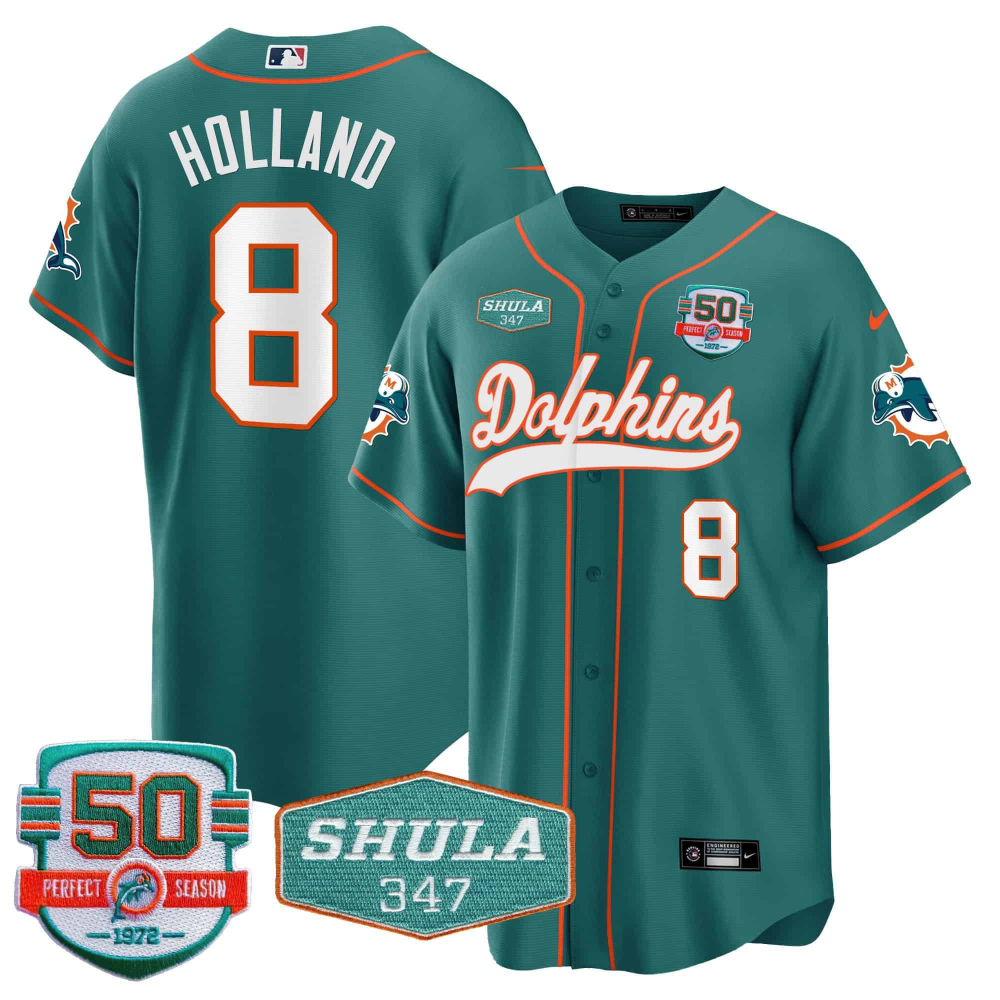 Men Miami Dolphins 8 Holland Green 2024 Nike 50th Don Shula Memorial Patch Baseball NFL Jersey style 1